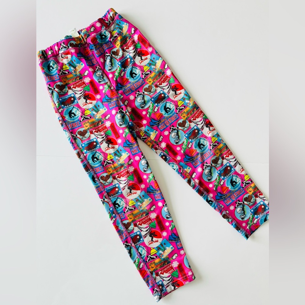 Bright Pink Graphic Quebec Ski Print Leggings with fleece interior